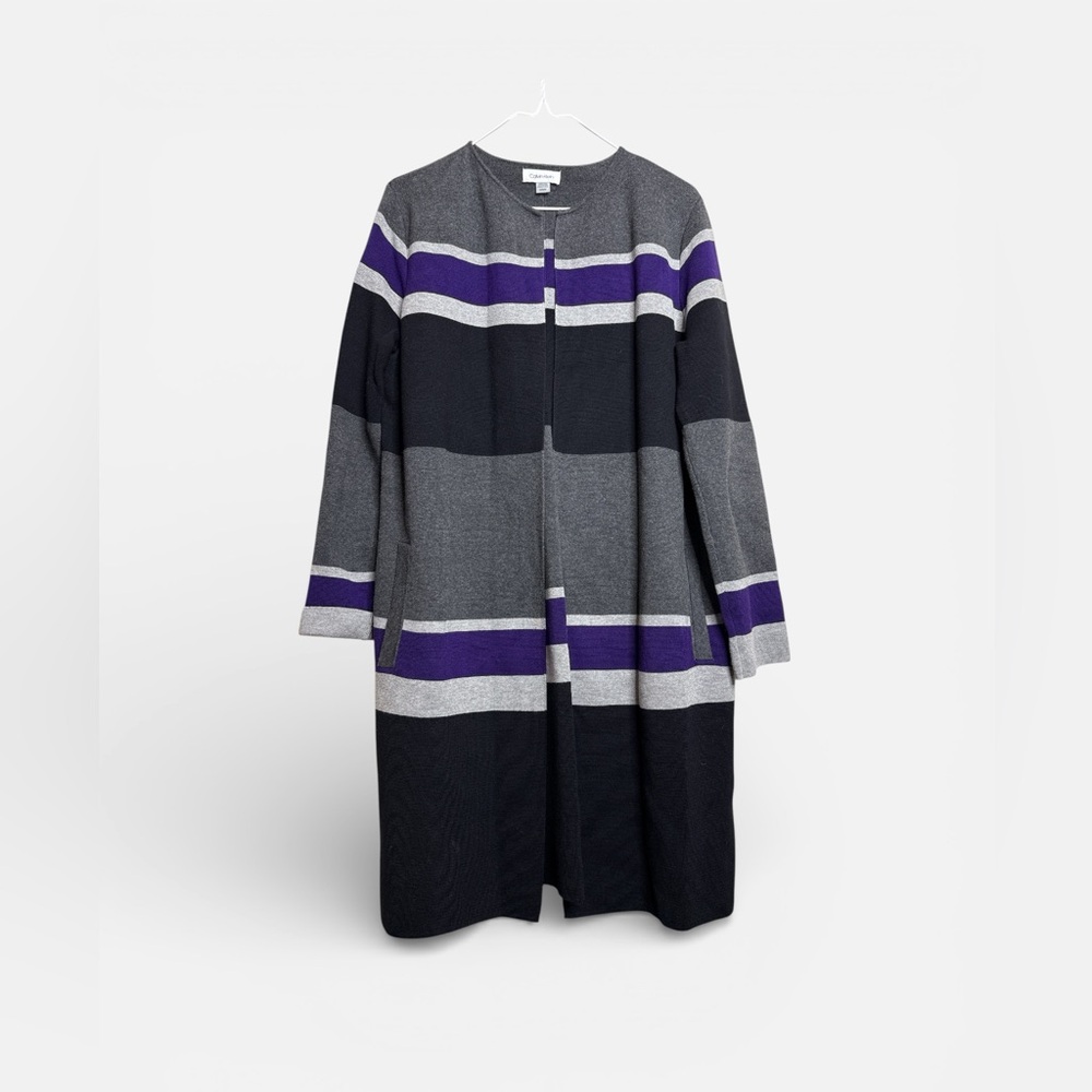 Long Cardigan Sweater Medium Purple Gray Striped Calvin Klein